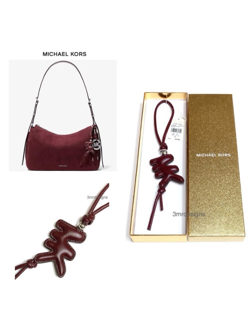 NIB MICHAEL KORS PUFFY LOGO 100% Leather MK Bag Charm/ Loop Over Keychain
